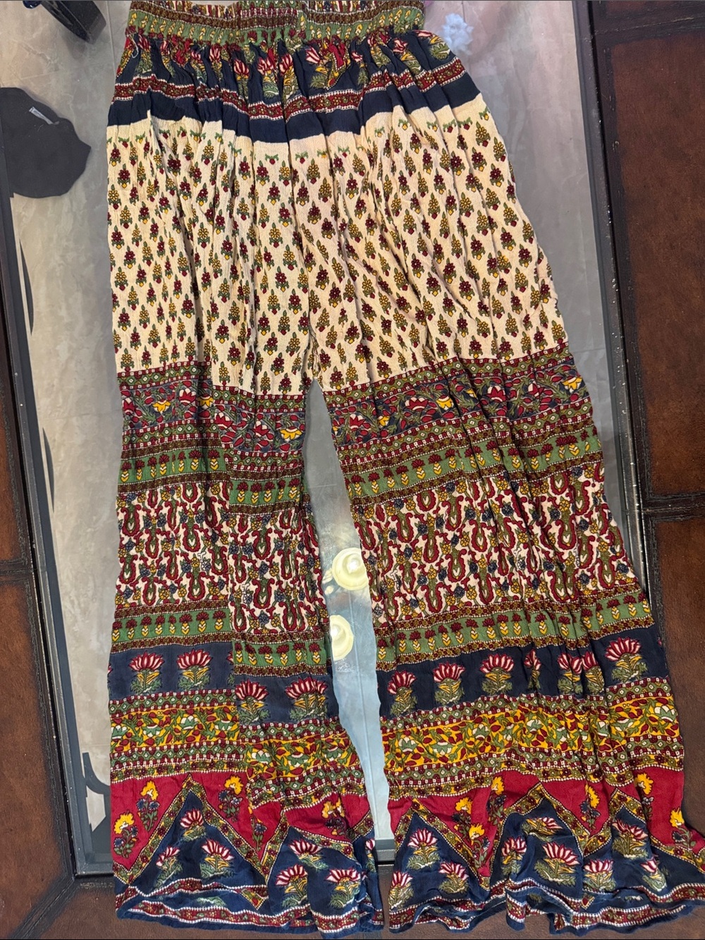 Bohemian Wide-Leg Palazzo Pants in Cream & Red